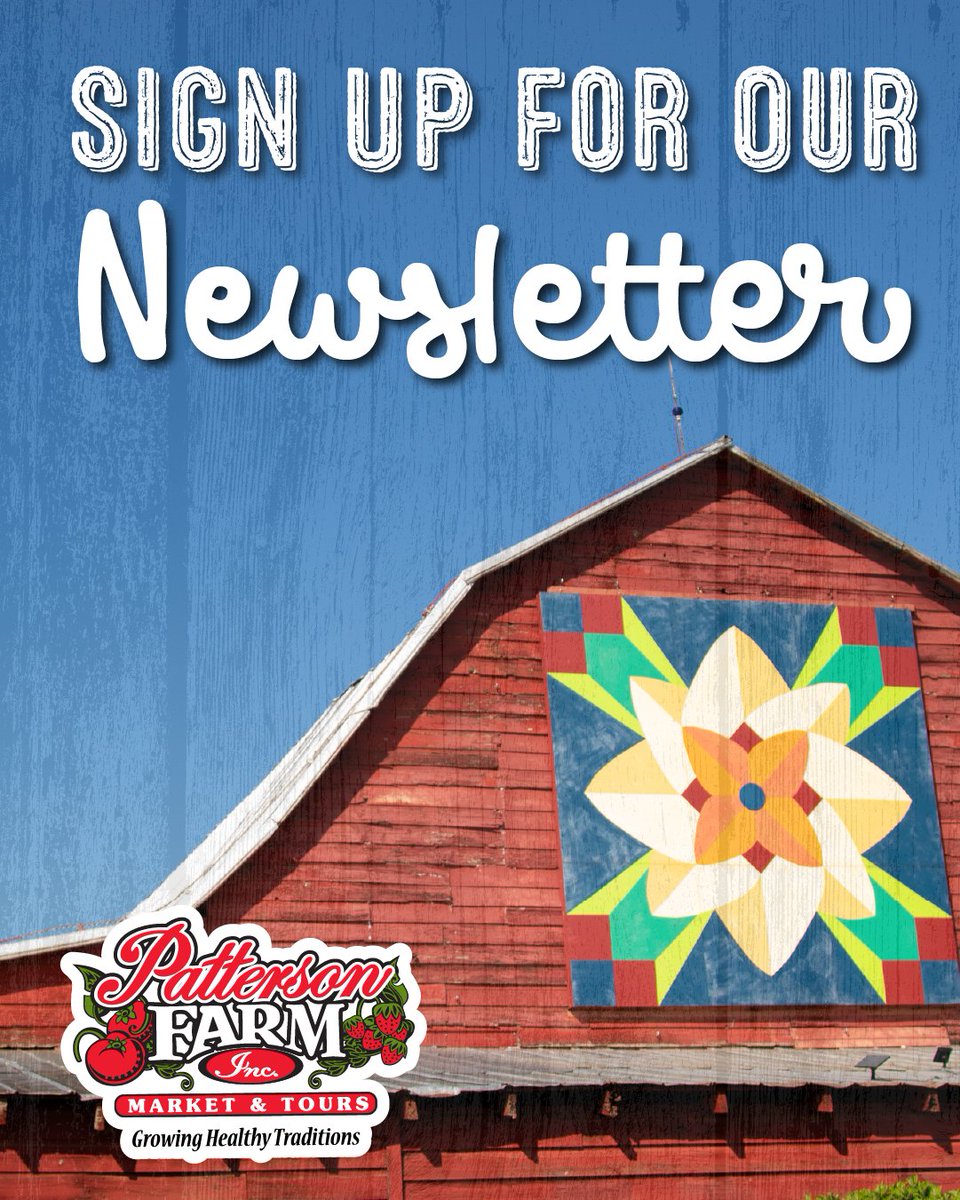 Patterson_Farm's tweet photo. Want additional info on our seasonal activities and farm events? Sign up for our newsletter to get the inside scoop and special discounts.
Sign up at https://t.co/UgvVaZgfRc.
#Newsletter #StayInTheKnow #PattersonFarm https://t.co/FT6Mh8JCkB