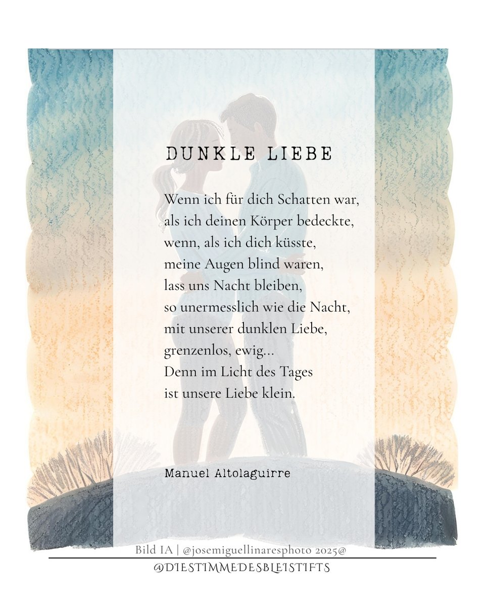 In dieser Dunklen Liebe von Manuel Altolaguirre erhebt sich ein nächtliches Flüstern, das die Seele umhüllt. Lichtfunken in der Dämmerung singen von Liebe, von der Intimität der Nacht, unermesslich und endlos, doch schrumpft sie, zerbrechlich, unter dem Blick des Tages. 

—«Mi»,