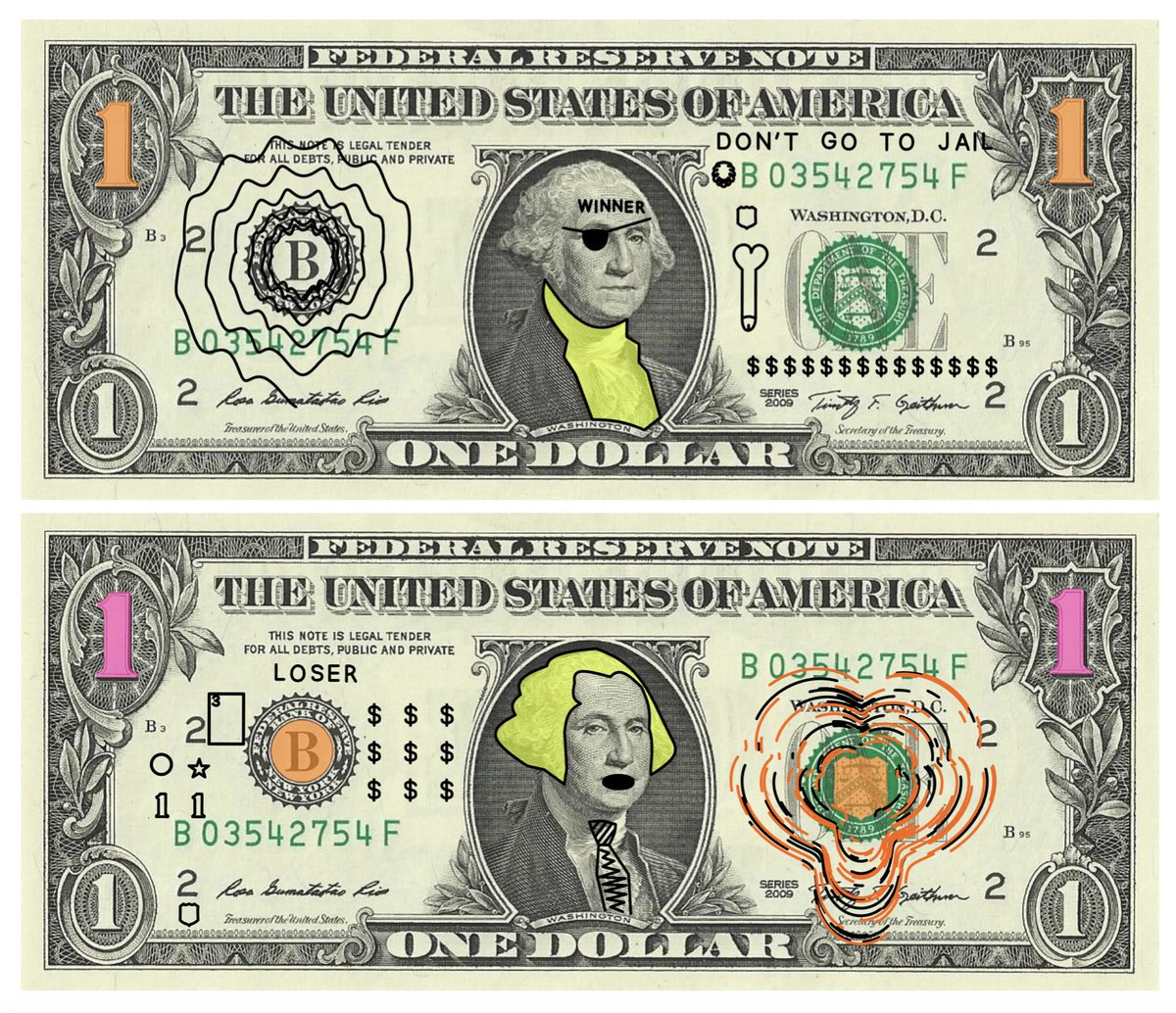 I really like <a href="/steviepxyz/">steviep</a>'s Instructions for Defacement, which provides pen plotter instructions for the defacement of dollar bills. I ♥️ it as cryptoart in that it comments on paper currency in an irreverent &amp; meme-y way. So when i saw a "winner" to match my "loser", well...