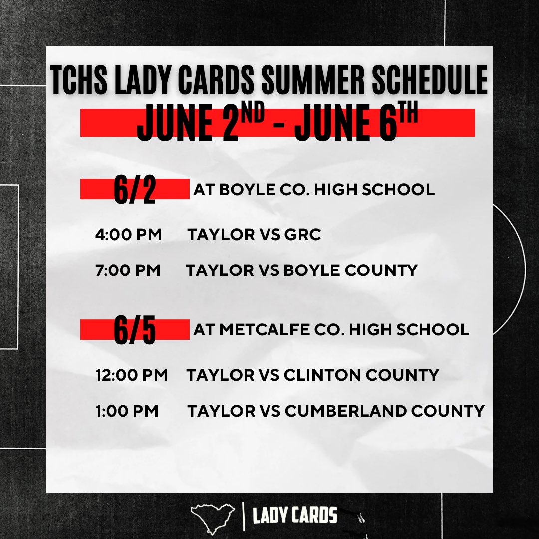Taylor County Girls Basketball (@tchsladycards) on Twitter photo Summer Schedule
June 2nd @ Boyle County
June 5th @ Metcalfe County
<a href="/riseupsports1/">Rise Up Sports Media</a> <a href="/alyxwhite_/">Alyx White</a> <a href="/PGHAkeem/">Akeem Webb</a> <a href="/PGHKentucky/">Prep Girls Hoops Kentucky</a> <a href="/faucet11/">Farrah S. McLean</a> <a href="/MATurner502/">Matthew Turner</a> Summer Schedule
June 2nd @ Boyle County
June 5th @ Metcalfe County
<a href="/riseupsports1/">Rise Up Sports Media</a> <a href="/alyxwhite_/">Alyx White</a> <a href="/PGHAkeem/">Akeem Webb</a> <a href="/PGHKentucky/">Prep Girls Hoops Kentucky</a> <a href="/faucet11/">Farrah S. McLean</a> <a href="/MATurner502/">Matthew Turner</a>