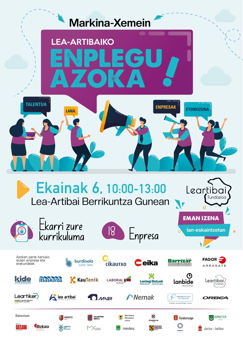 Leartibai Fundazioa (@leartibai_f) on Twitter photo 𝐁𝐚𝐝𝐚𝐭𝐨𝐫 𝐋𝐞𝐚-𝐀𝐫𝐭𝐢𝐛𝐚𝐢𝐤𝐨 𝐄𝐍𝐏𝐋𝐄𝐆𝐔 𝐀𝐙𝐎𝐊𝐀!
📅 Ekainak 6 (ostirala)
⏳ 10:00-13:00
📍 Lea-Artibai Berrikuntza Gunean (Markina-Xemein)
Ekarri zure kurrikuluma‼️
<a href="/BizkaiaGazteak/">BizkaiaGazteak</a> <a href="/Bizkaia/">Bizkaiko Foru Aldundia/Diputación Foral de Bizkaia</a> 𝐁𝐚𝐝𝐚𝐭𝐨𝐫 𝐋𝐞𝐚-𝐀𝐫𝐭𝐢𝐛𝐚𝐢𝐤𝐨 𝐄𝐍𝐏𝐋𝐄𝐆𝐔 𝐀𝐙𝐎𝐊𝐀!
📅 Ekainak 6 (ostirala)
⏳ 10:00-13:00
📍 Lea-Artibai Berrikuntza Gunean (Markina-Xemein)
Ekarri zure kurrikuluma‼️
<a href="/BizkaiaGazteak/">BizkaiaGazteak</a> <a href="/Bizkaia/">Bizkaiko Foru Aldundia/Diputación Foral de Bizkaia</a>