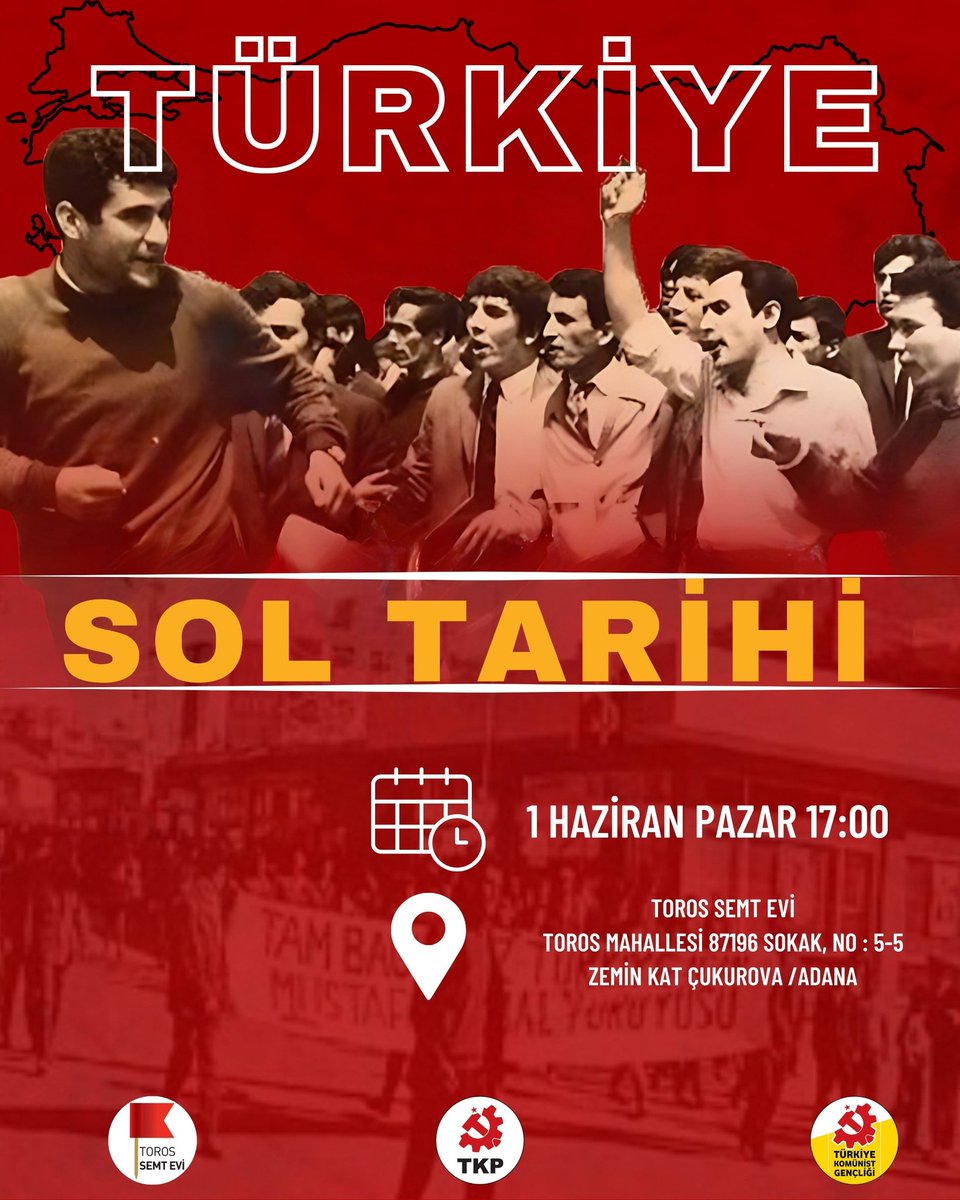 Türkiye Sol Tarihi başlıklı etkinliğimiz ile tekrardan karşınızdayız. 

Tüm dostlarımızı, sıra arkadaşlarımızı bekliyoruz! 

📍Toros Semt Evi (Toros Mahallesi 87196 Sokak, No: 5-5 Zemin kat) Çukurova/Adana 

📢 1 Haziran Pazar 17.00’de…