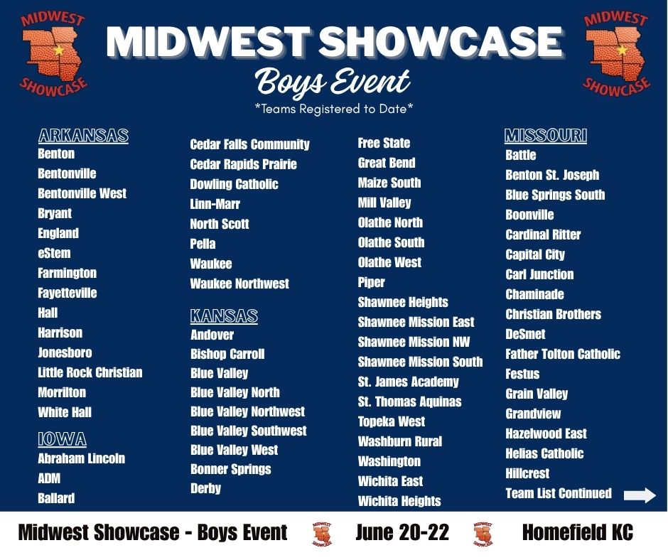 Midwest Showcase (@mw_showcase) on Twitter photo Here is an updated list of teams *registered to date* for the 2025 Boys Midwest Showcase Event! 🏀 Great basketball to come at Homefield KC on June 20-22nd!
<a href="/homefieldkc/">Homefield Kansas City</a> @mbcacoaches Here is an updated list of teams *registered to date* for the 2025 Boys Midwest Showcase Event! 🏀 Great basketball to come at Homefield KC on June 20-22nd!
<a href="/homefieldkc/">Homefield Kansas City</a> @mbcacoaches
