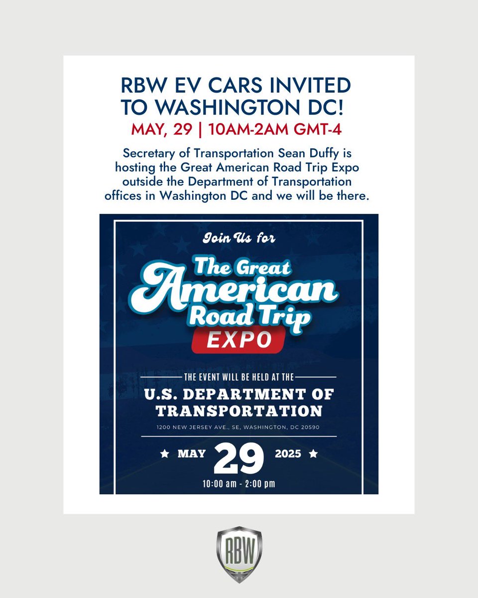 Big news! We’ve been invited to the Great American Road Trip Expo in DC, hosted by US Sec. of Transportation Sean Duffy! 🇺🇸 Catch us front &amp; center with the RBW GT &amp; Roadster + news on our new Danville, VA facility. Join us this Thursday outside DOT HQ!