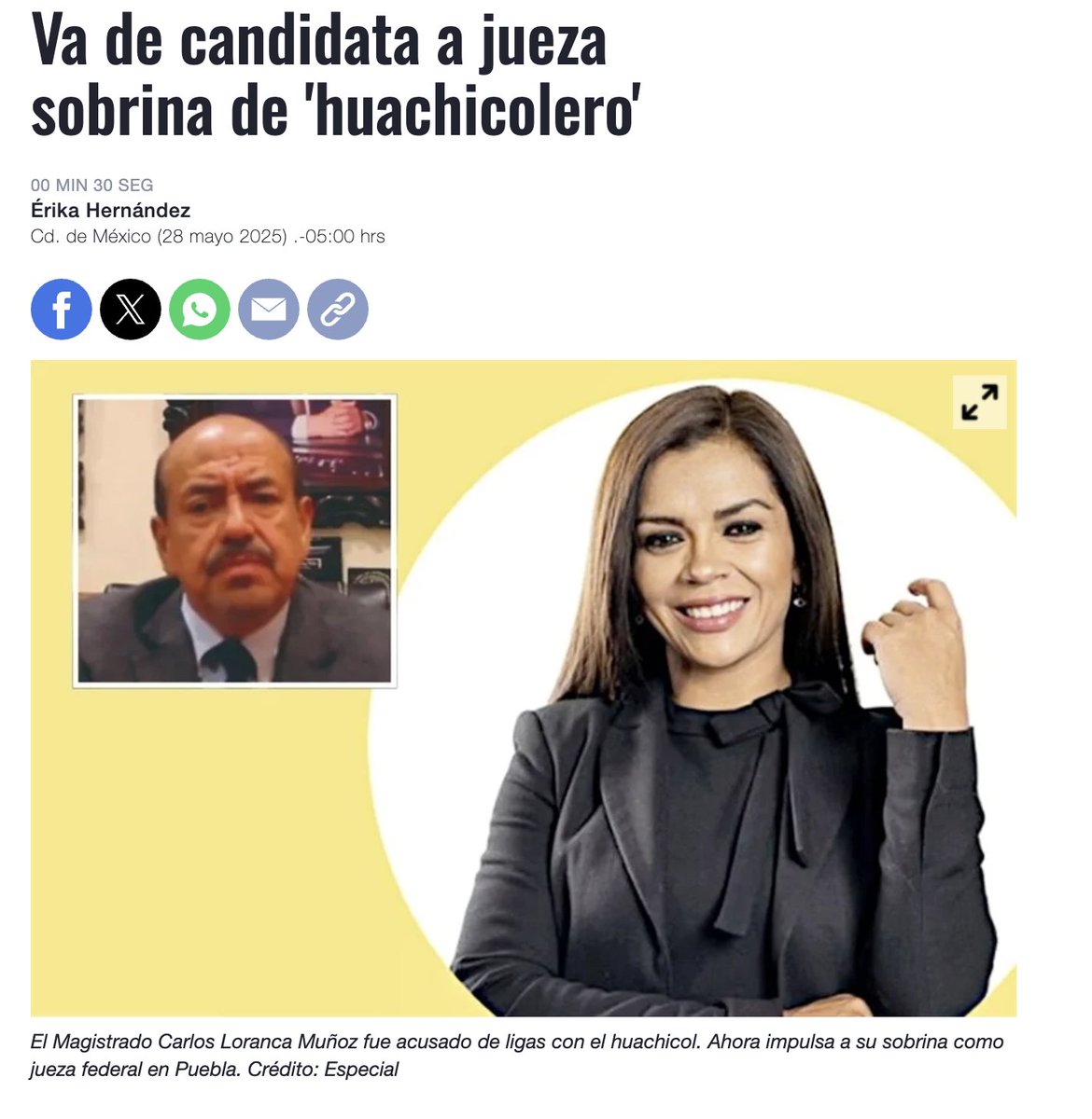 MiguelMezaC's tweet photo. 🚨Dos candidatas judiciales están ligadas con casos de huachicol y nepotismo🚨

Hoy, Reforma publicó nuestra investigación sobre Ana Rosa Jiménez Loranca, candidata a jueza federal en Puebla.

1. Ana Rosa es sobrina del "magistrado huachicolero", Carlos Loranca, con 9 familiares en el PJF.

En 2017, Reforma publicó que el magistrado Carlos Loranca Muñoz tejió una red de nepotismo al interior del Poder Judicial, en la cual incluyó a su hija y ocho sobrinos. 

Tanto el magistrado como su hija fueron destituidos e inhabilitados por 10 años.

A pesar de que la reforma judicial prometía combatir el nepotismo en el PJF, una de las sobrinas beneficiadas por esta red de nepotismo, Ana Rosa Jiménez Loranca, ahora es candidata a jueza federal.

Además de haber tejido esta red, el magistrado era socio de Othón Muñoz Bravo, alias “El Cachetes”, señalado por el Gobierno de Puebla como un «importante líder dedicado al robo de combustible».

Según una investigación de @LaPaginaNegraMX , el magistrado y el empresario eran accionistas de la empresa Energéticos Muñoz, S.A. de C.V., junto con tres hijos del magistrado.

Esta información fue corroborada en documentos registrales publicados en el Sistema de Gestión Registral (SIGER) de la Secretaría de Economía.

El 20 de agosto de 2017, Muñoz Bravo fue detenido en el Fraccionamiento El Secreto de Lomas de Angelópolis, en un operativo de la Fiscalía de Puebla y la Marina.

En el operativo, se aseguraron dos rifles AR-15, un cuerno de chivo AK-47, dos armas 9 MM, 6 vehículos blindados, metanfetaminas, cocaína, mariguana y cristal. Además, según reportó Reforma, dos gasolineras le fueron clausuradas.

Pueden leer el resto de la investigación en nuestra página y en la nota publicada en reforma por @ErikaHenReforma: https://t.co/LvZWV1TrTh

2. La segunda candidata ligada con un caso de huachicol y nepotismo es Tania Gisela Contreras López, actual consejera jurídica del Gobierno de Tamaulipas.

Según una investigación del periodista @hdemauleon, el Centro Nacional de Inteligencia (CNI) de la Secretaría de la Defensa Nacional (SEDENA) tiene a la candidata en la mira.

El CNI ha documentado una red de corrupción, extorsiones y tráfico de huachicol en la Agencia Nacional de Aduanas de México.

El reporte elaborado por el Centro Nacional de Inteligencia de la SEDENA apunta que Tania Gisela Contreras López "es la conexión del Gobierno (de Tamaulipas) con el personaje clave en el manejo turbio de las aduanas: su cuñado, Juan Carlos Madero Larios".

A partir de la publicación de dicha investigación, Tania Gisela Contreras denunció a Héctor de Mauleón y ha logrado una sentencia para intentar censurarlo.

También pueden leer el perfil completo de esta candidata en nuestra página: https://t.co/JaA3aPtG5E 

El día de hoy seguiremos publicando otros casos de candidatos altamente riesgosos en @DefensorxsAC.

Mañana iniciaremos una nueva etapa: vigilar la jornada electoral.