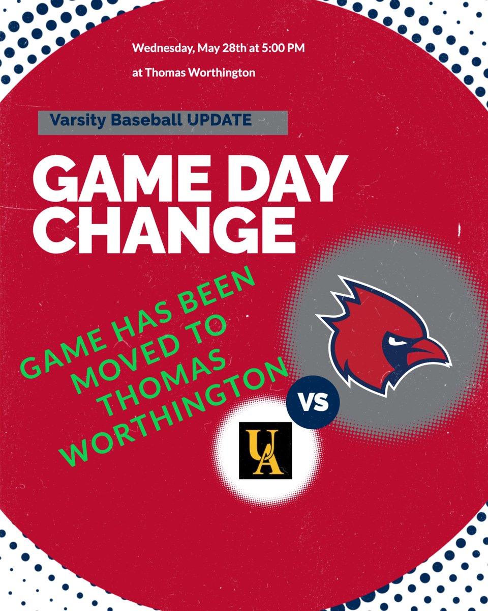 TWHS Athletics (@twhsathletics) on Twitter photo Baseball District Semi-Final game has been moved to Thomas Worthington from Marysville.
Yesterday's tickets are still good for entry. Tickets are available at the gate or at OHSAA.org
<a href="/TW_Baseball/">TWHS Baseball</a>
<a href="/TWHS_Cardinals/">Thomas Worthington High School</a>
<a href="/wcsdistrict/">Worthington Schools</a> Baseball District Semi-Final game has been moved to Thomas Worthington from Marysville.
Yesterday's tickets are still good for entry. Tickets are available at the gate or at OHSAA.org
<a href="/TW_Baseball/">TWHS Baseball</a>
<a href="/TWHS_Cardinals/">Thomas Worthington High School</a>
<a href="/wcsdistrict/">Worthington Schools</a>