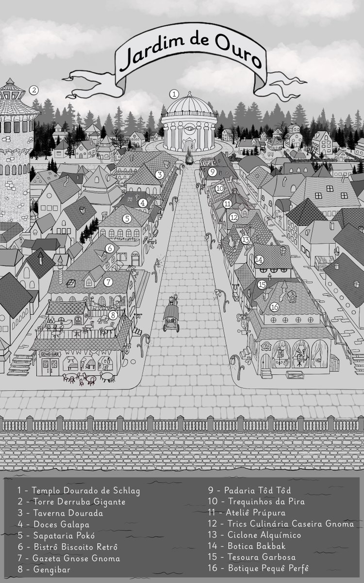 faimazell's tweet photo. O vento da orla sopra um mapa turístico no seu rosto. Um mapa do Jardim de Ouro, o famigerado bairro gnômico da cidade... 
Qual estabelecimento você visita primeiro? 👀

Hoje é o lançamento de Cedro, Guaco e Cantarelo! ❤️‍🔥 Visite o bairro (link no perfil)! 

🎨 @thatomazelli https://t.co/GFCkr1wmKR