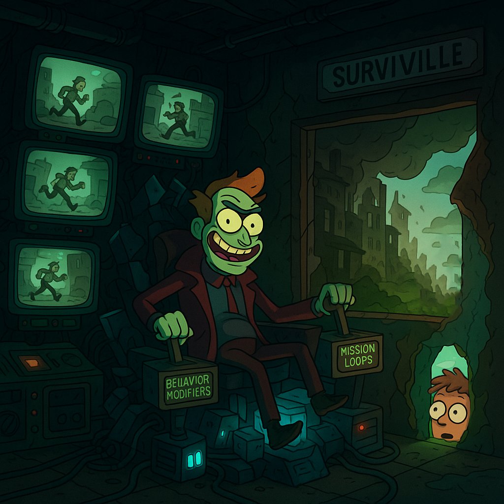 What if Surviville was never the aftermath… but the experiment?

🧠 Rugbert didn’t save us—he built the apocalypse.
💉 Meatbags? Test subjects.
⚙️ Missions? Behavioral data mining.
🌫️ The real world? Still out there. Hidden.

You’re not surviving. You’re simulating.
#Meatbags