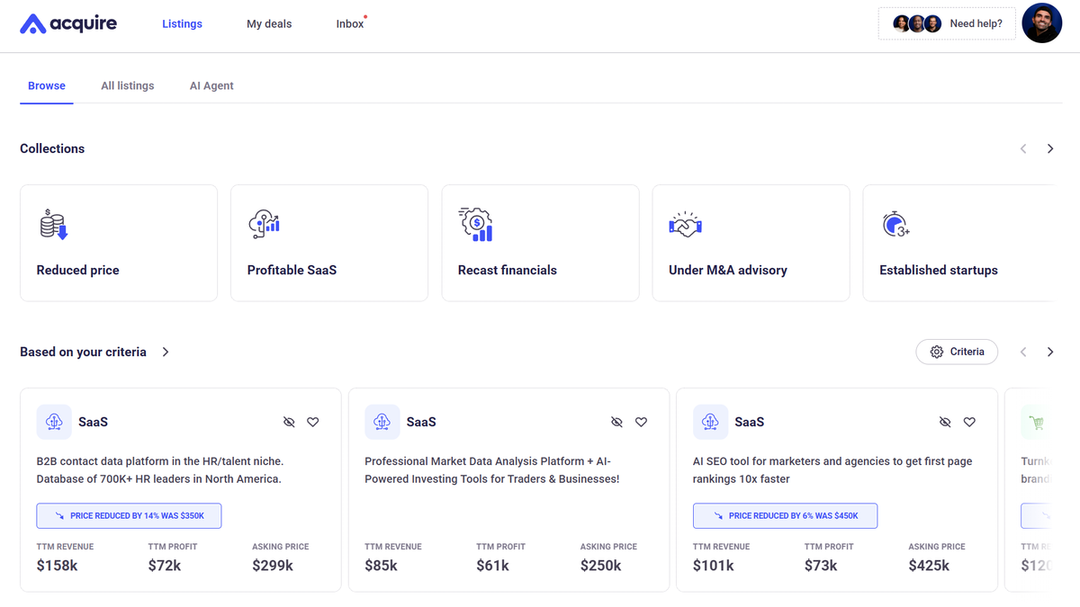 Andrew Gazdecki (@agazdecki) on Twitter photo Launched 2 new buyer features on <a href="/acquiredotcom/">acquire.com</a> today. Reduced price filter and AI Agent search.
Now you can:
- See startups that just dropped in price. Find motivated sellers and potentially save hundreds of thousands
- Search powered by AI. Type something like “SaaS for Launched 2 new buyer features on <a href="/acquiredotcom/">acquire.com</a> today. Reduced price filter and AI Agent search.
Now you can:
- See startups that just dropped in price. Find motivated sellers and potentially save hundreds of thousands
- Search powered by AI. Type something like “SaaS for