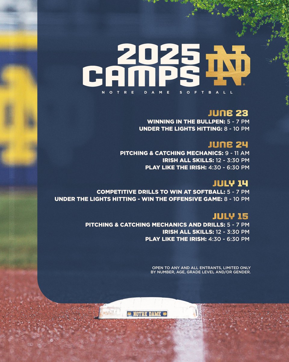 Notre Dame Softball Camps Begin next month! 🥎

Don't miss your chance to train in South Bend

Sign up today: goiri.sh/2025SBCamps

#GoIrish ☘️ | #ndsbSWAG