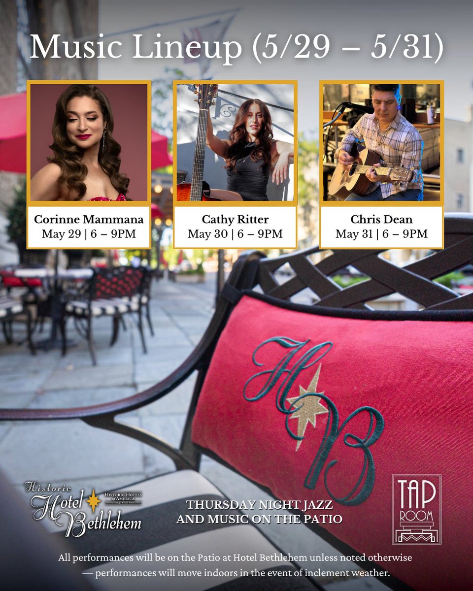 Music is back on the Patio at Hotel Bethlehem! Check out this weekend's lineup:

Thurs. 5.29 | Corinne Mammana | 6–9PM
Fri. 5.30 | Cathy Ritter | 6–9PM
Sat. 5.31 | Chris Dean | 6–9PM

Call (610) 625-2226 or visit hotelbethlehem.com/bethlehem-rest… to book your seat today!