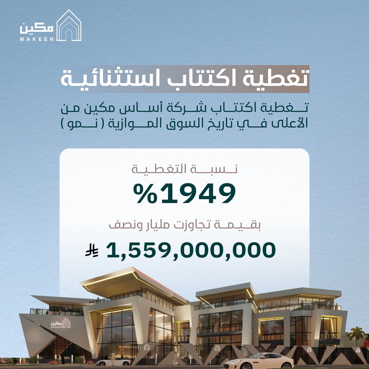 في إنجازٍ يعكس ثقة المستثمرين، ويعزّز الريادة والتميّز.. سجّلت "أساس مكين" تغطية استثنائية من الأعلى في السوق الموازية نمو، بنسبة 1949%، وبقيمة تجاوزت 1.59 مليار ريال ..  

في "أساس مكين"، نعيد كتابة الأرقام بثقتكم؛ لنواكب تطلعاتكم، ونؤكد أن #مكين_أجود.