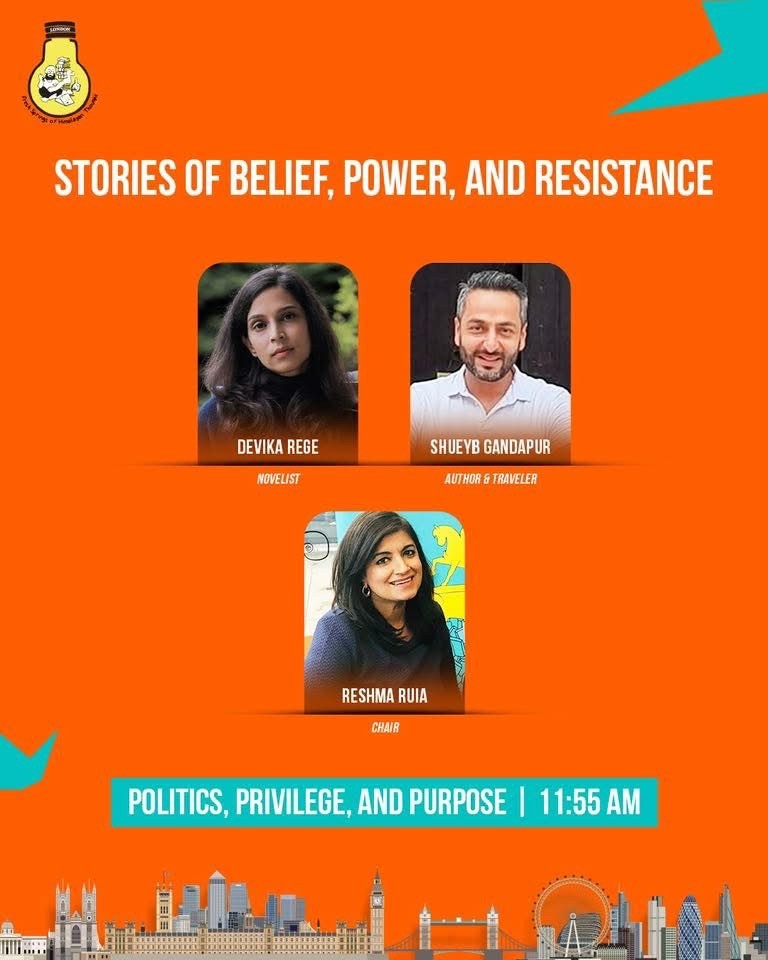 I'll be in conversation with Devika Rege and Shueyb Gandapur at the Kushwant Singh Lit Fest on Sat. 31st May at SOAS in London. We'll  be talking about Politics, Privilege and Purpose in Fiction. Free but need to register  kslitfestlondon.com #literaturefestival