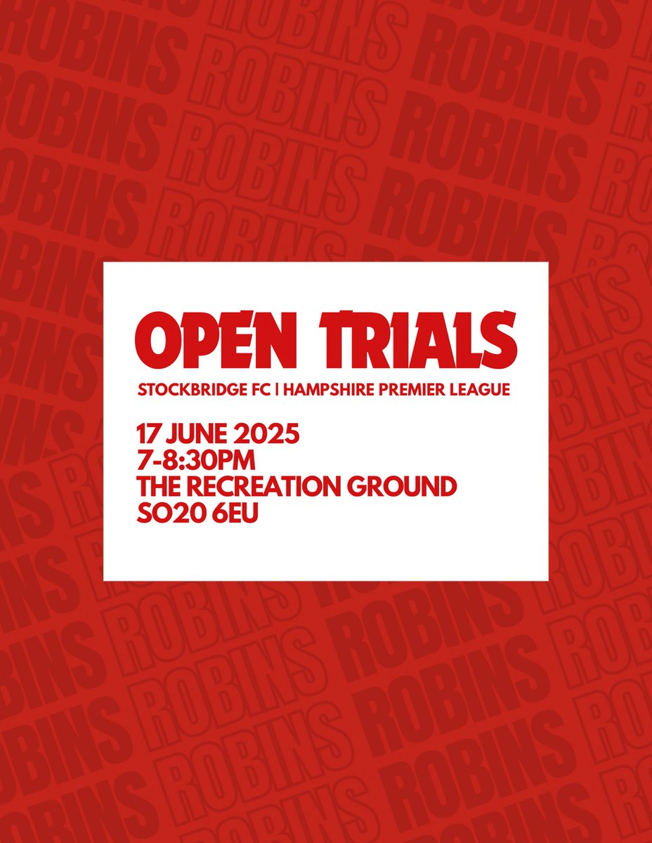 Stockbridge FC (@stockbridge_fc) on Twitter photo ๐จ| ๐ข๐ฃ๐๐ก ๐ง๐ฅ๐๐๐๐ฆ
Looking for a new club next season? Weโll be holding open trials on 17th June, at the Recreation Ground, between 7-8:30PM.
For more information or to register your interest contact below๐
๐ 07883624808
๐ง stockbridgefc@hotmail.co.uk ๐จ| ๐ข๐ฃ๐๐ก ๐ง๐ฅ๐๐๐๐ฆ
Looking for a new club next season? Weโll be holding open trials on 17th June, at the Recreation Ground, between 7-8:30PM.
For more information or to register your interest contact below๐
๐ 07883624808
๐ง stockbridgefc@hotmail.co.uk