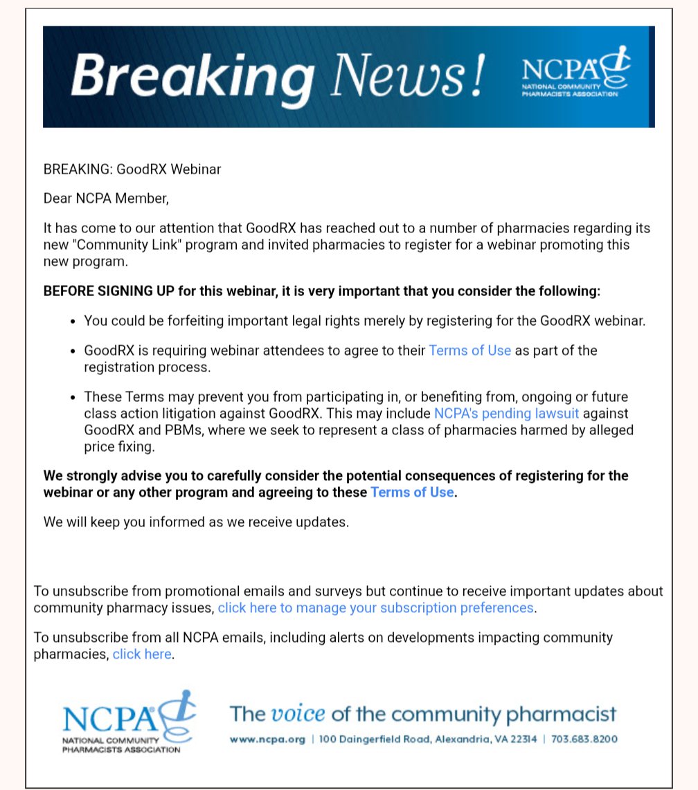 Heads up, GoodRx is trying to trick pharmacies into signing up for a webinar in which the pharmacies would waive their right to sue GoodRx. DO NOT SIGN UP