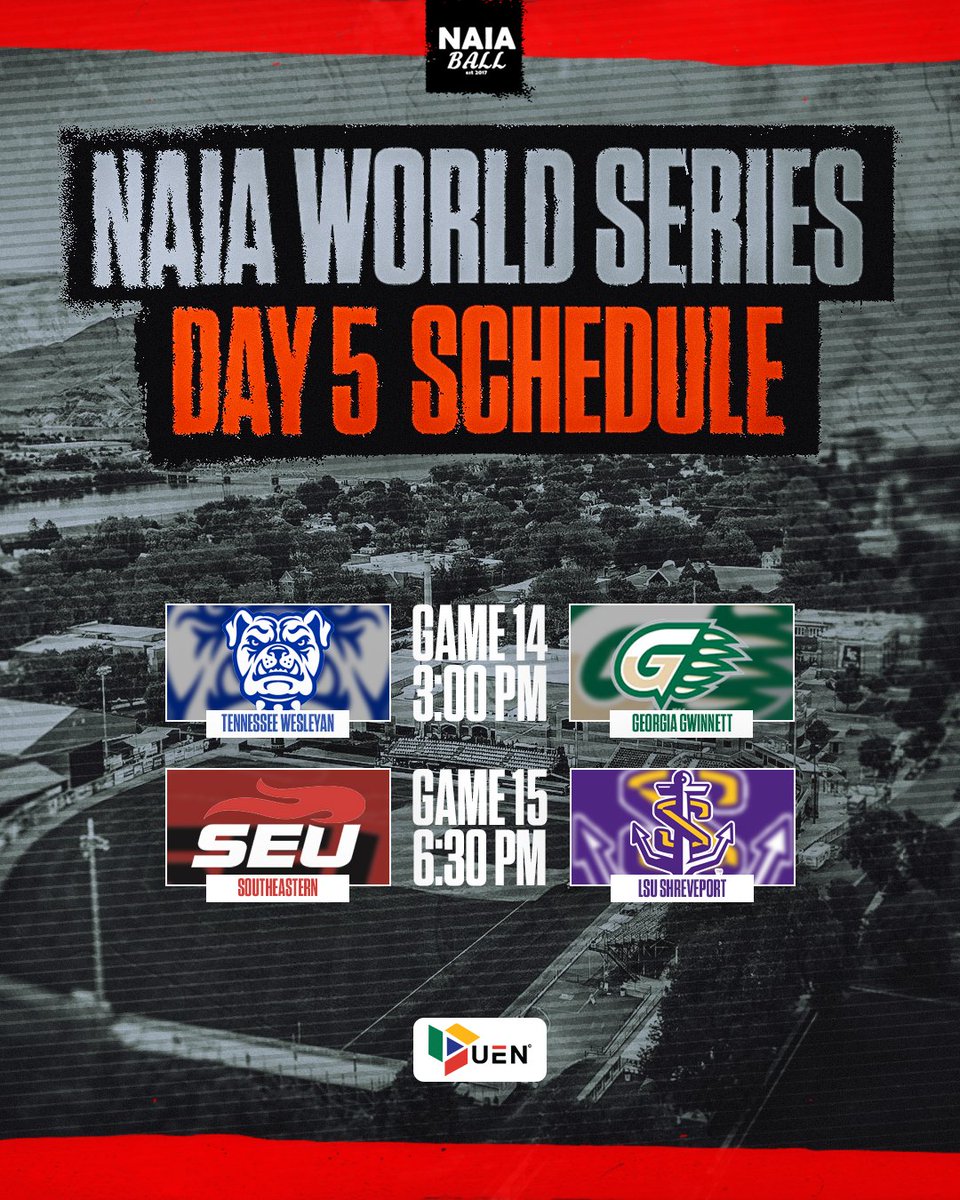NAIA Ball (@naiaball) on Twitter photo 🚨 2025 NAIA World Series Day 5 sponsored by
<a href="/UrbanEdge_Net/">Urban Edge Network</a>
#3 <a href="/TWU_Baseball/">Tennessee Wesleyan Baseball</a> vs #2 <a href="/GGC_Baseball/">GGC Baseball</a>
#6 <a href="/SEUFireBaseball/">Southeastern Baseball</a> vs #1 <a href="/LSUS_Baseball/">𝙇𝙎𝙐 𝙎𝙝𝙧𝙚𝙫𝙚𝙥𝙤𝙧𝙩 𝘽𝙖𝙨𝙚𝙗𝙖𝙡𝙡</a>
Catch all the action today on urbanedgenetwork.net for FREE! #NAIABall 🚨 2025 NAIA World Series Day 5 sponsored by
<a href="/UrbanEdge_Net/">Urban Edge Network</a>
#3 <a href="/TWU_Baseball/">Tennessee Wesleyan Baseball</a> vs #2 <a href="/GGC_Baseball/">GGC Baseball</a>
#6 <a href="/SEUFireBaseball/">Southeastern Baseball</a> vs #1 <a href="/LSUS_Baseball/">𝙇𝙎𝙐 𝙎𝙝𝙧𝙚𝙫𝙚𝙥𝙤𝙧𝙩 𝘽𝙖𝙨𝙚𝙗𝙖𝙡𝙡</a>
Catch all the action today on urbanedgenetwork.net for FREE! #NAIABall