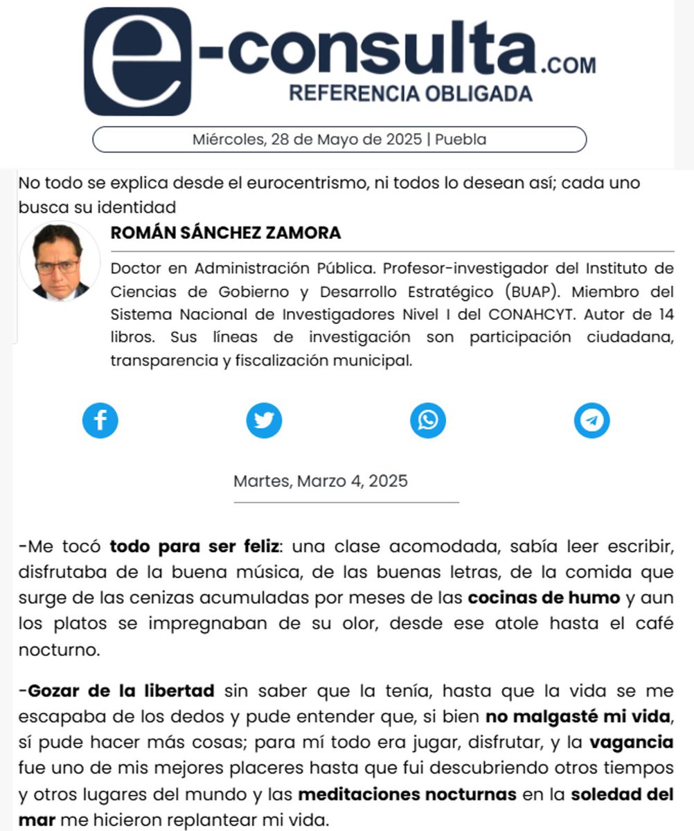 AlexGuyotCarre's tweet photo. #FelizMiércoles #AccionesClaras
Les comparto la #columna de #Opinión del Dr. de la #BUAP @RomansanchezZ

“Gozar de la libertad sin saber que la tenía , hasta que la vida se me escapaba de los dedos y pude entender que, si bien no malgasté mi vida, sí pude hacer más cosas” https://t.co/ueRkGun7w7