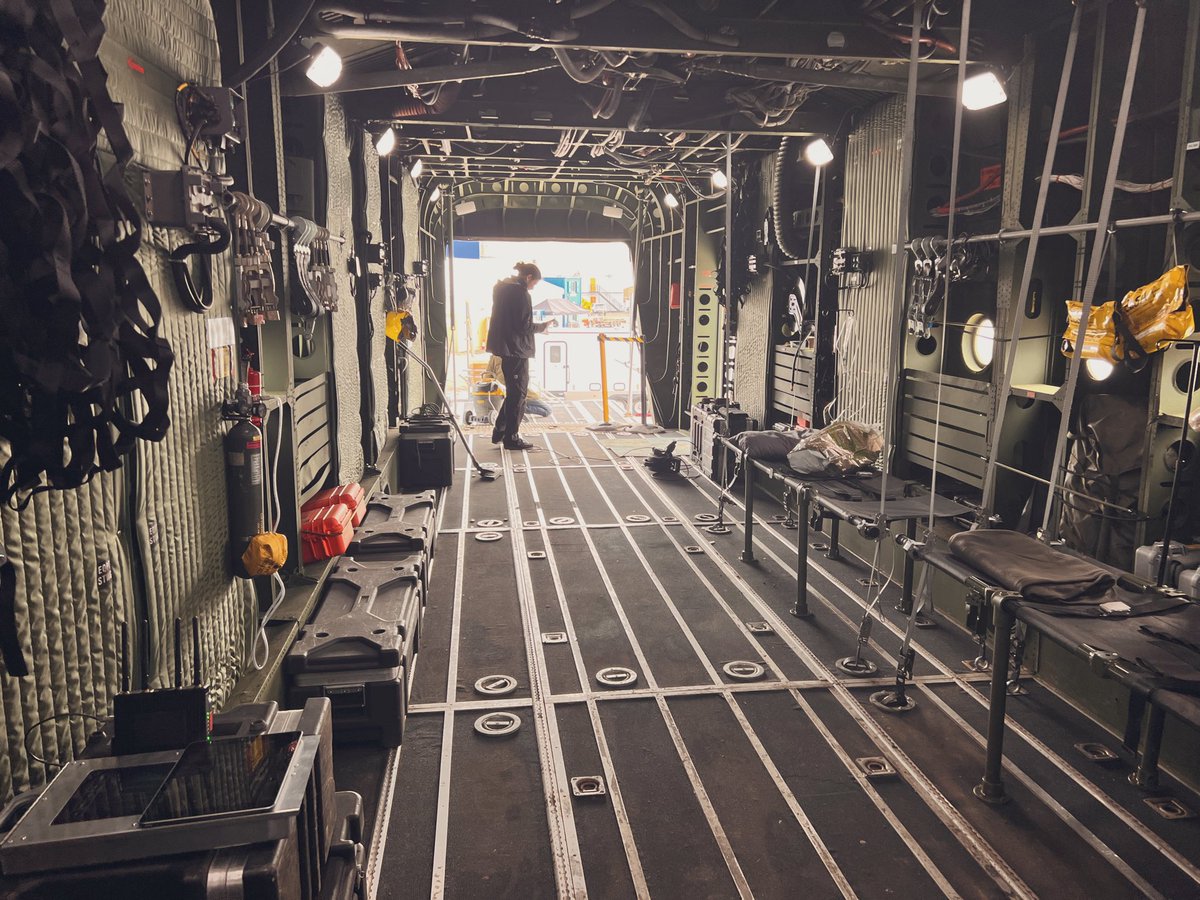 Our military cargo interior set arrives for its next role! All pre lit with working rear ramp, its stays on its trailer for an easy shoot and removal! #militarycargoplane #militarytransport #ukfilm