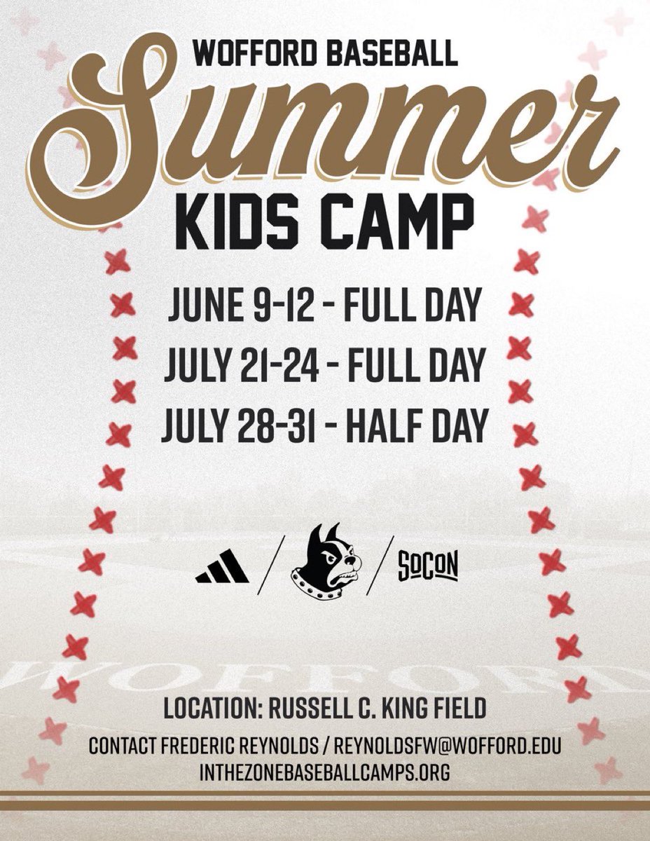 Wofford Baseball (@woffordbaseball) on Twitter photo 🚨KIDS CAMP🚨
Come learn with our staff and players! Great opportunity for young players to learn the game of baseball and have fun this summer! Contact Coach Reynolds with any questions. reynoldsfw@wofford.edu
inthezonebaseballcamps.org 🚨KIDS CAMP🚨
Come learn with our staff and players! Great opportunity for young players to learn the game of baseball and have fun this summer! Contact Coach Reynolds with any questions. reynoldsfw@wofford.edu
inthezonebaseballcamps.org