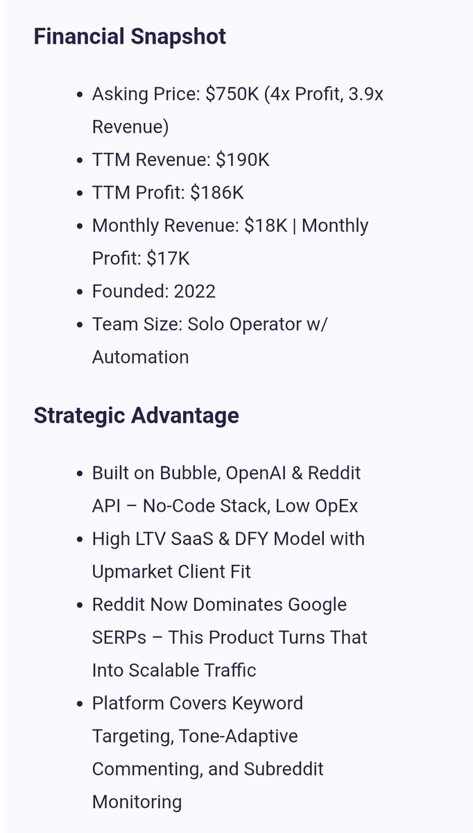 Akshat (@_akshatg) on Twitter photo Still think you need to know how to code to build a profitable online venture?
> Reddit SEO SaaS
> Built with Bubble's no-code web app
> $17k/month profit
> 97% (!!) net profit margin
Asking price? $750K 🤯
Source: Listed for sale on <a href="/acquiredotcom/">acquire.com</a>'s newsletter Still think you need to know how to code to build a profitable online venture?
> Reddit SEO SaaS
> Built with Bubble's no-code web app
> $17k/month profit
> 97% (!!) net profit margin
Asking price? $750K 🤯
Source: Listed for sale on <a href="/acquiredotcom/">acquire.com</a>'s newsletter