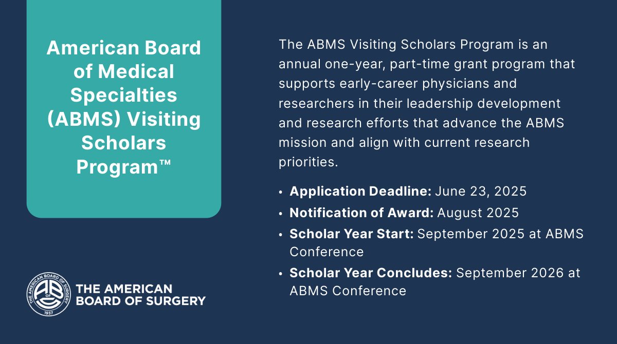 American Board of Surgery (@ambdsurg) on Twitter photo As a co-sponsor for the <a href="/ABMSCert/">ABMS</a> #VisitingScholarsProgram 2025-2026 cohort, the ABS encourages early-career surgeons to apply for one of the available grants to advance their research efforts! 
Applications must be submitted by Jun. 23: ow.ly/an6M50W0gAx As a co-sponsor for the <a href="/ABMSCert/">ABMS</a> #VisitingScholarsProgram 2025-2026 cohort, the ABS encourages early-career surgeons to apply for one of the available grants to advance their research efforts! 
Applications must be submitted by Jun. 23: ow.ly/an6M50W0gAx