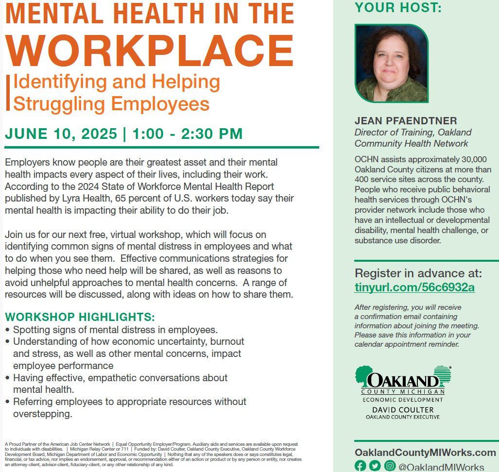 JUNE 10, 2025  from 1:00 - 2:30 PM
Virtual Location: Zoom
WORKSHOP HIGHLIGHTS:
Spotting signs of mental distress in employees.
Having effective, empathetic conversations about mental health.
Referring employees to appropriate resources without overstepping.