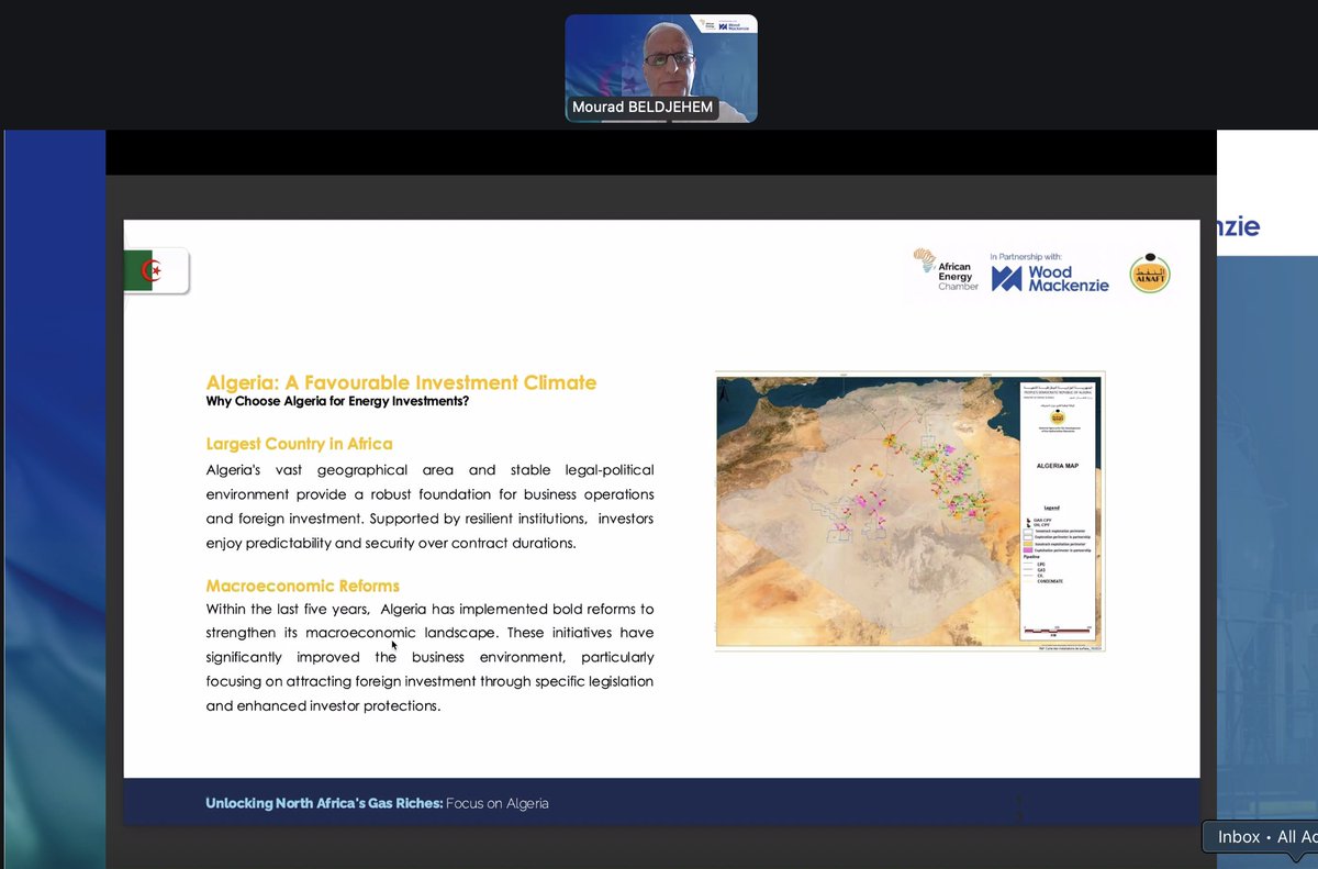 energy_african's tweet photo. #ALNAFT Chairman Beldjehem Mourad, speaking now at the live Unlocking North Africa’s Riches webinar hosted by the AEC in partnership with Wood Mackenzie and ALNAFT: Algeria’s vast geography and stable legal-political climate offer a strong foundation for business operations and foreign investment.
#AECWebinar #NorthAfricaEnergy #EnergyInvestment