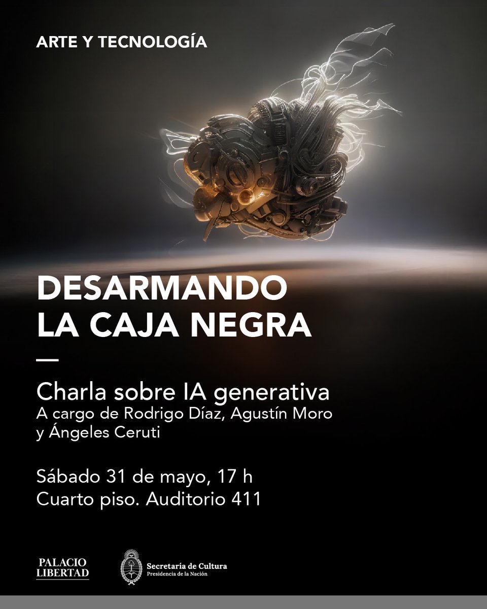 🧑‍💻 Charla sobre IA generativa 

Un espacio para descubrir, de manera clara y accesible, qué se esconde detrás de estas herramientas que están transformando los modos de crear, comunicarse e interactuar.

📌 Sábado 31 de mayo, 17 h. 
👉 Más info en palaciolibertad.gob.ar/events/desarma…