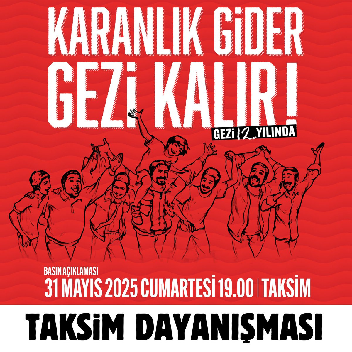 12 yıl önce bütün güzellikleriyle hayatımıza giren Gezi Direnişi'nin yıldönümünde,

Eşitlik, özgürlük, demokrasi ve adalet talebimizden vazgeçmiyoruz:

KARANLIK GİDER, GEZİ KALIR!

31 Mayıs'ta Taksim'deyiz!

#KaranlıkGiderGeziKalır
#GeziyeÖzgürlük 
#Gezi12Yaşında