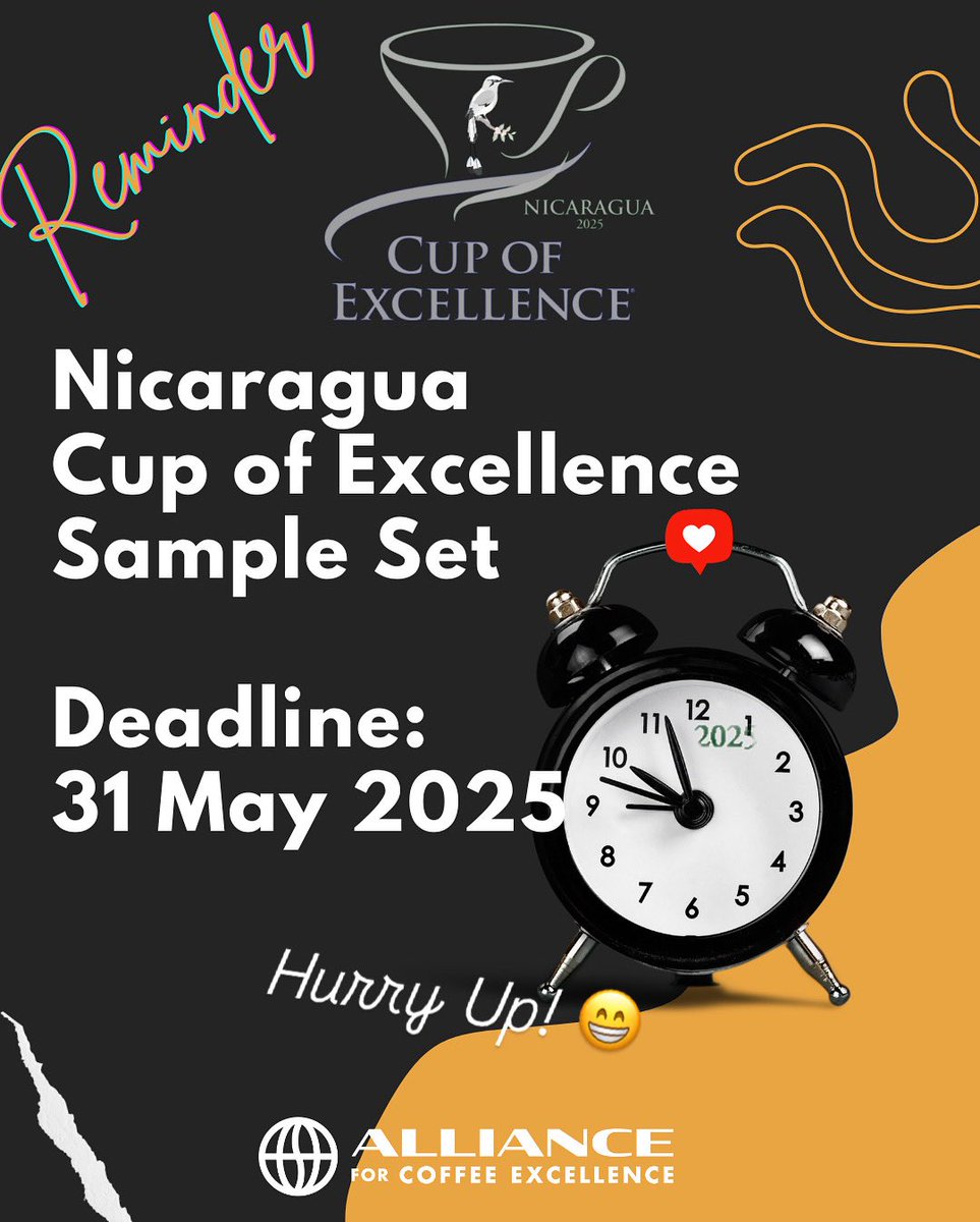 Nicaragua COE Sample Set order deadline

⏳ May 31, 2025 

Taste the future of coffee—direct from the top producers in Nicaragua.
 
🛒 Order here - Don’t miss it 😃
allianceforcoffeeexcellence.org/product/2025-s…