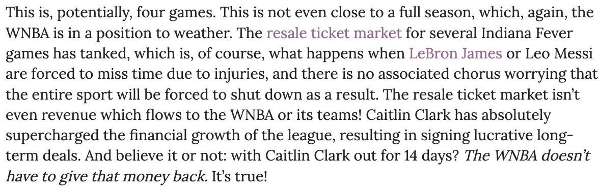 To be clear: Caitlin Clark has changed the trajectory of the #WNBA, and helped ensure its long-term growth. As a result? If she is out for a few weeks, the sky is not falling! theixsports.com/features/caitl…