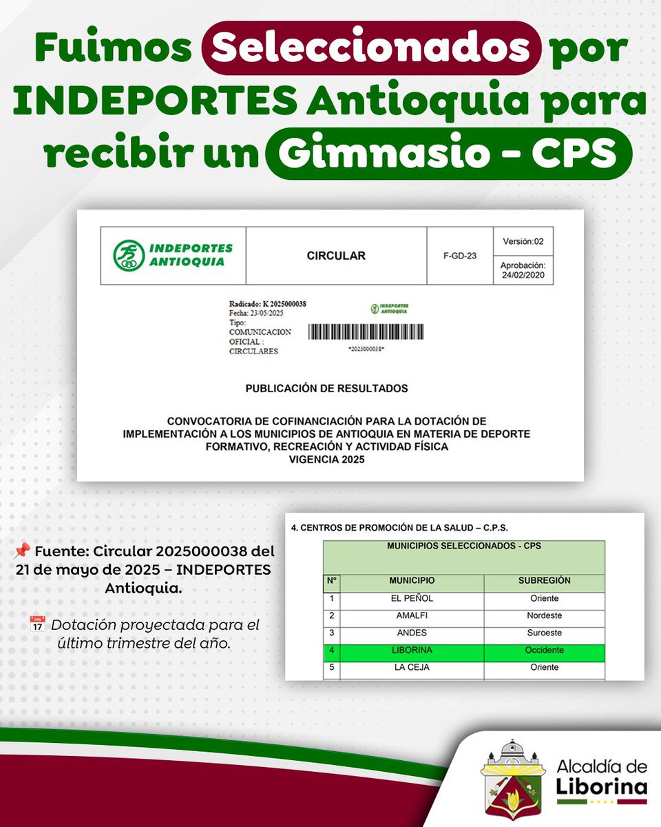 ¡Seguimos firmes en nuestra apuesta por la salud y el bienestar! 
Gracias a la gestión de nuestra Alcaldesa Nancy Amparo Avendaño y al respaldo de INDEPORTES Antioquia , Liborina fue seleccionada para recibir la dotación e instalación de un Centro de Promoción de la Salud – CPS