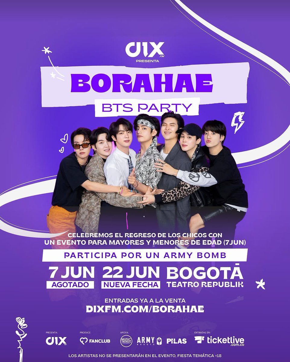 #UPDATE: La #BorahaeBTSParty ahora tiene una nueva fecha 👀

Nos vemos el próximo 22 de Junio en Teatro Republik 📍

Entradas ya disponibles en <a href="/Ticketliveco/">Ticketlive Colombia</a> 🎫

Invita: <a href="/DixFM/">Dix FM</a> <a href="/fanclub_col/">Fanclub ♡</a> 💜