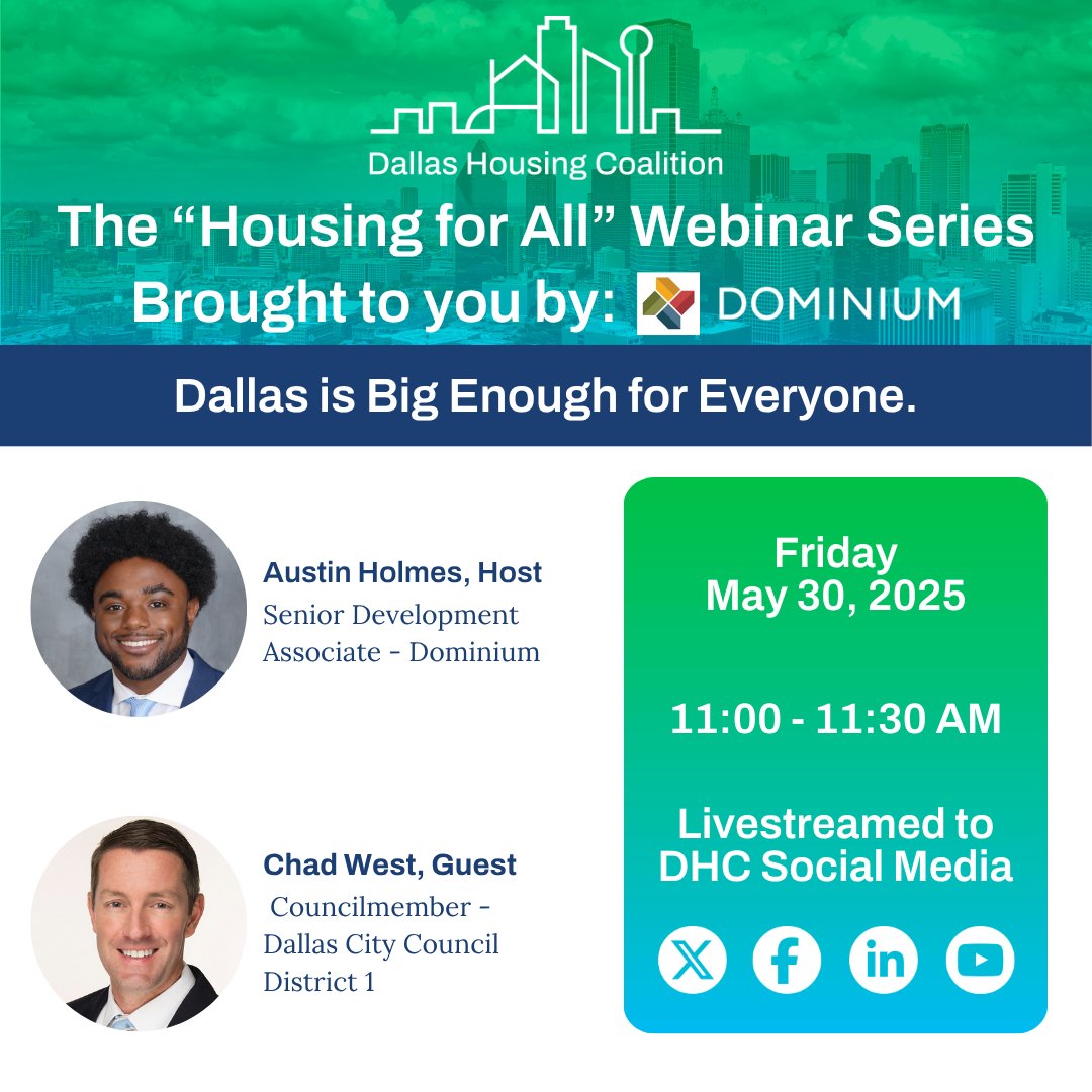 This week, on the Housing for All webinar series presented by Dominium, Austin Holmes interviews <a href="/ChadWestDallas/">Chad West</a>. West published an op-ed today in <a href="/dallasnews/">Dallas Morning News</a> Tune in to hear them discuss parking, the end of the #txlege, and what's next in housing: bit.ly/3HfzAsh