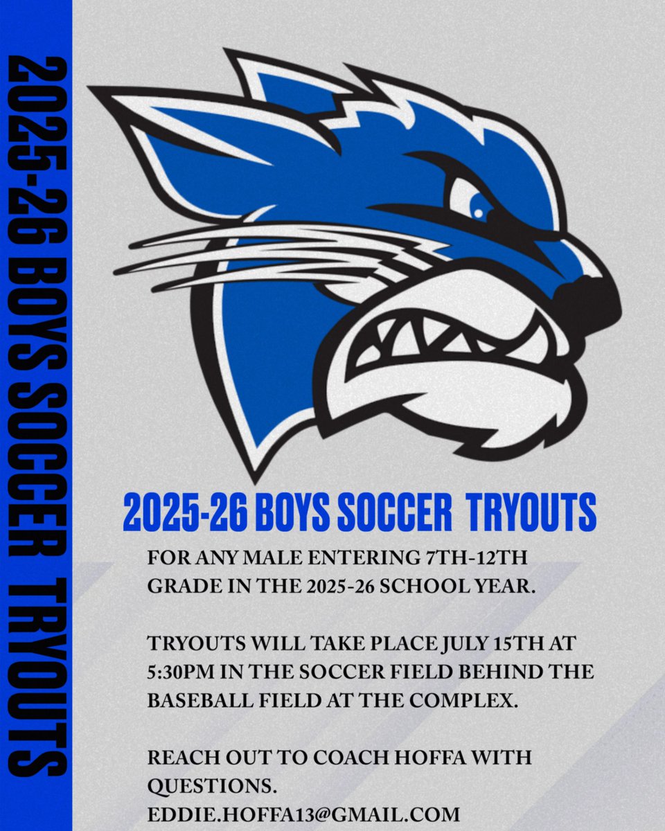 Boys soccer tryouts will be held July 15th at the complex for any boy entering 7th-12th grade next school year!