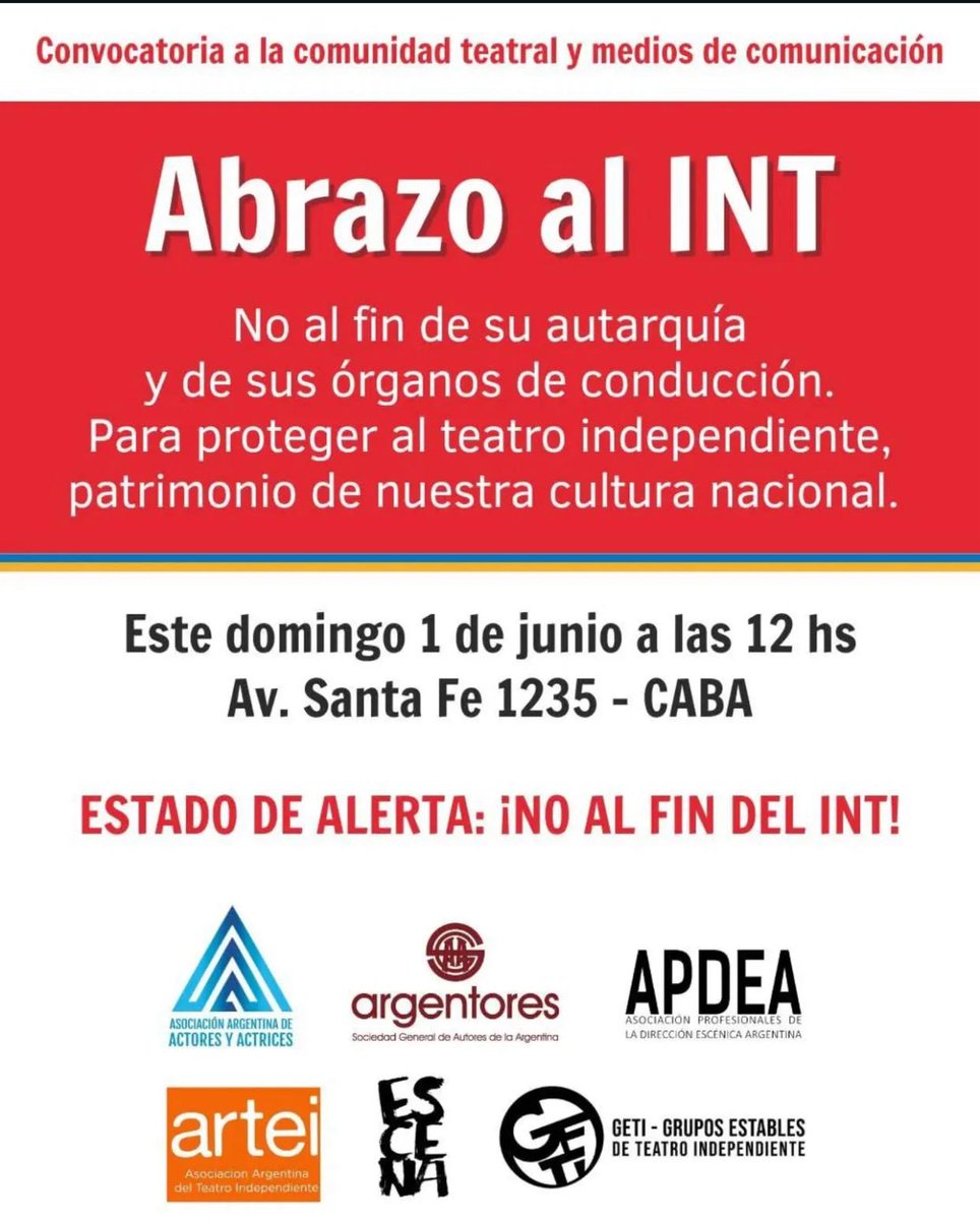 actrices_arg's tweet image. Domingo 1/Junio 12hs abrazo al INT