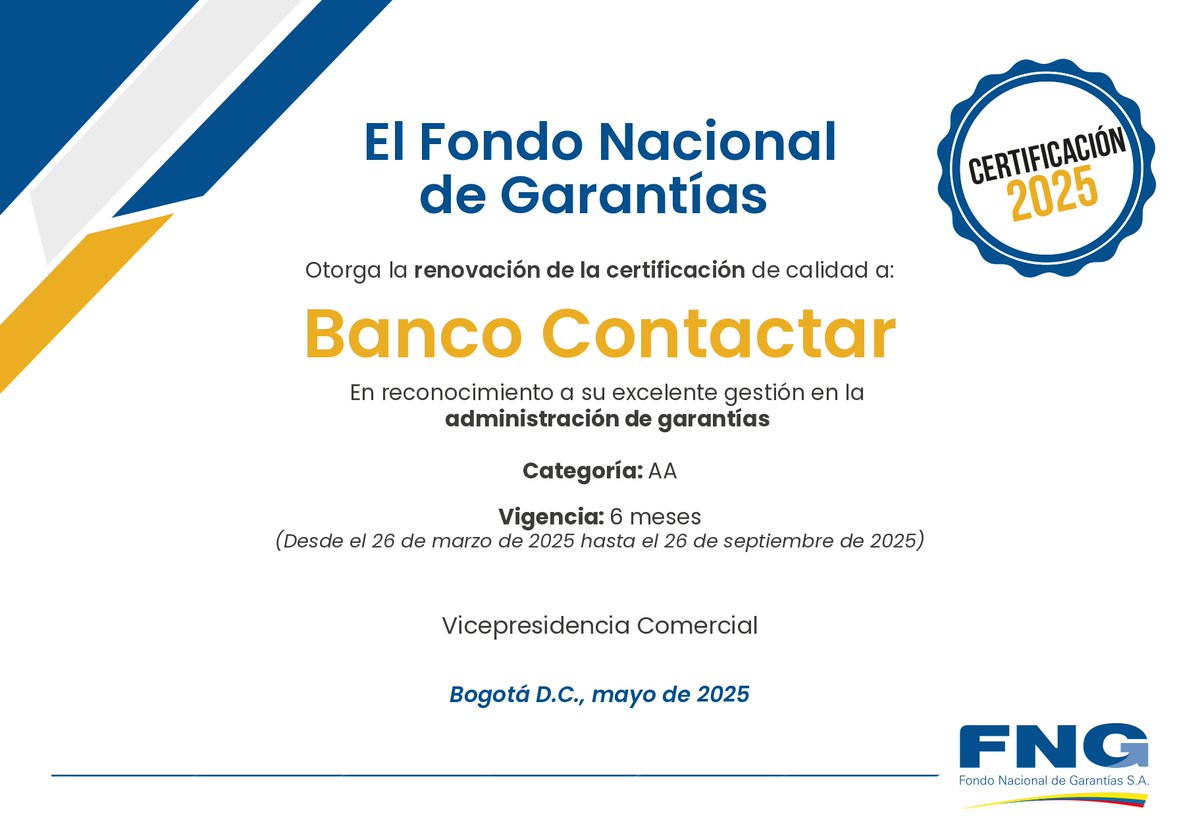 Estamos orgullosos de la recertificación del <a href="/FNGSA/">FNG S.A.</a> La entidad reconoce nuestra gestión y calidad operativa para la administración de las #garantías🏅que apoyan el fortalecimiento de la inclusión financiera en Colombia #JuntosSumamosMás