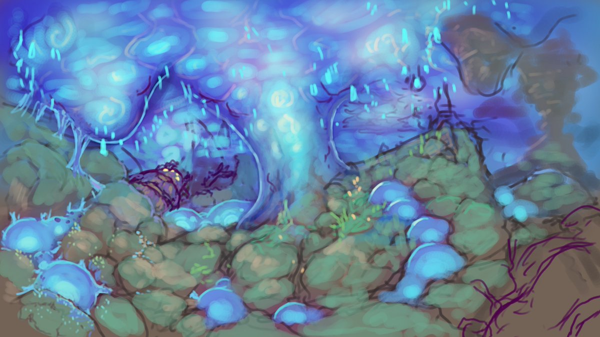 HollowCoreGame's tweet image. One of the biomes in the Hollow Core is the slimesea. Made of an edible, amoeba-like substance that would eat you alive, leviathans will swim through the deepest parts of it. Right over your head. Watch out! #jprg #indiedev #indiegames #conceptart