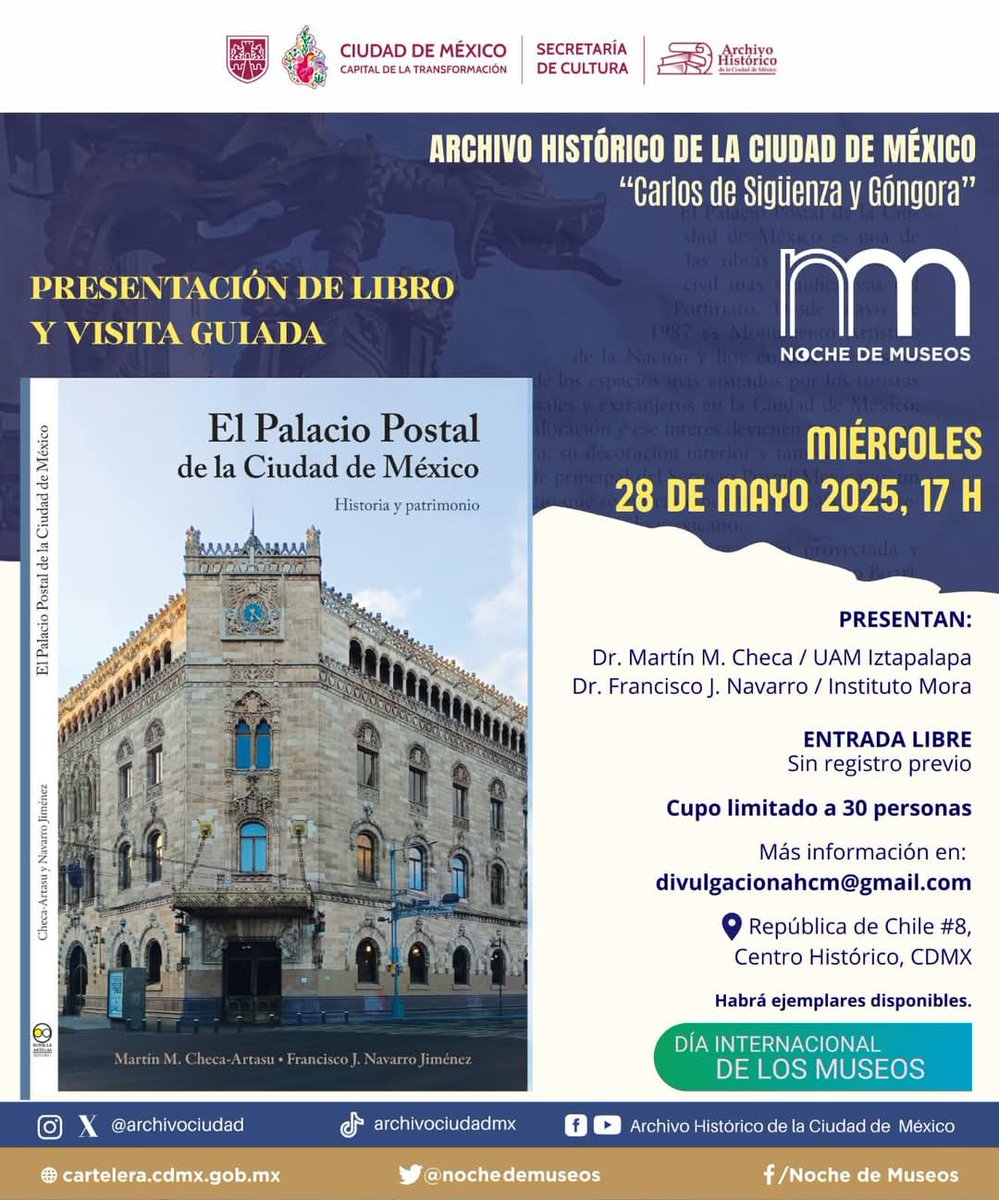 Se presenta hoy 28 de mayo de 2025, 5 PM, nuevo #libro del @palaciopostal de @martinchecaartasu en el <a href="/archivociudad/">Archivo Histórico de la Ciudad de México</a>

República  Chile 8.
Entrada Libre.

<a href="/lauammx/">UAM</a>
<a href="/uamiztapalapa/">UAM Iztapalapa</a> <a href="/HistoricoCdmx/">CentroHistorico CDMX</a> <a href="/CentroHistoric1/">CentroHistoricoCDMX</a>  <a href="/ach_CDMX/">Autoridad del Centro Histórico</a> <a href="/Centro_CDMX/">Fideicomiso Centro Histórico de Ciudad de México</a> <a href="/cultura_mx/">Secretaría de Cultura</a> <a href="/CulturaCiudadMx/">Secretaría de Cultura de la Ciudad de México</a> <a href="/nochedemuseos/">Noche de Museos CDMX</a>