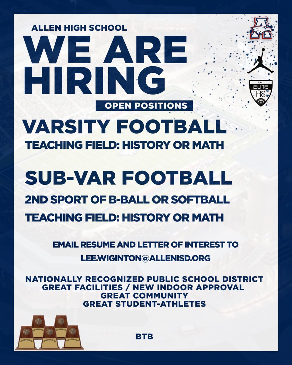 🦅WE ARE HIRING🦅

Come join the F🅰️MILY! A tradition and community like no other!

Email Resume and Letter of Interest to Lee.wiginton@allenisd.org

Learn more about Allen ISD
🔗 allenisd.org/page/about-us <a href="/Matt_Stepp817/">Matt Stepp</a>