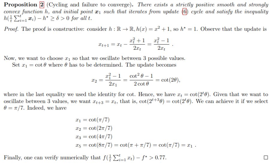 bremen79's tweet image. As promised, we put on Arxiv the proof we did with Gemini. arxiv.org/pdf/2505.20219

This shows that the Polyak stepsize not only will not reach the optimum, but it can cycle, when used without the knowledge of f*.

Gemini failed when prompted directly (&quot;Find an example where the…