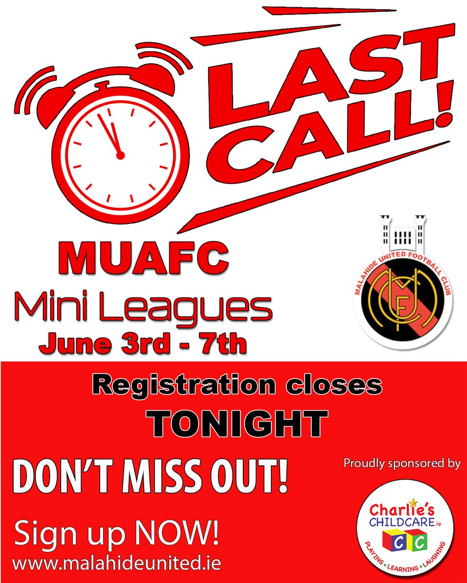 📣 Last Chance for sign up 📣

Sign up for our Mini leagues is closing TONIGHT!

Please sign up your son or daughter to avoid disappointment at 

malahideunited.ie/mini-leagues/ 

Many thanks to the hundreds of boys and girls who have signed up 🏟️🏆