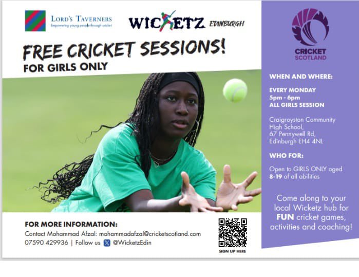 Mo_Afzal51's tweet photo. So proud to see the success and growth of our #Wicketz #Girls only Hub thriving in #Edinburgh 🏏 
Looking for a different sport for your child to try, why not join our growing Girls only Hub at @CCHSEdinburgh on Mondays from 5-6pm.
For further info on joining send me a message. https://t.co/cWBCkOwW06