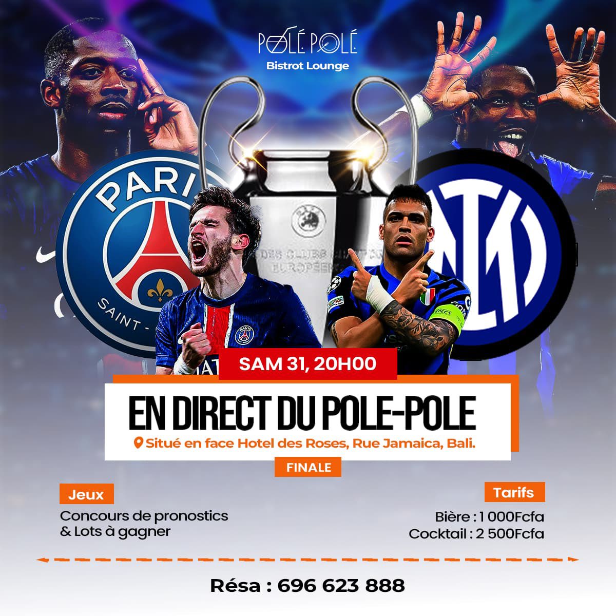 PolePole237's tweet photo. 🚨 HISTORIQUE ! Le FC Barcelone en finale de la Ligue des Champions 2025 (oui, on y croit🙃)

📍Viens vivre ce miracle en direct au Pole-Pole Bistrot Lounge !

📺 Match PSG vs Barça (selon nos rêves)
🎁 Concours de pronos &amp; cadeaux
🍻 Bière : 1 000 Fcfa | 🍹Cocktail : 2500 FCFA https://t.co/i1pK5Vx1DN