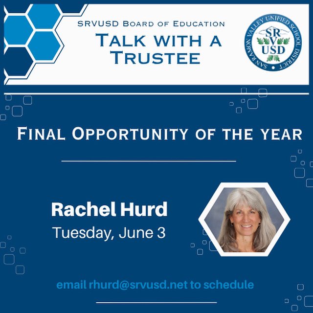 This is the last chance to connect with SRVUSD Board Member Rachel Hurd in an informal setting to share whatever’s on your mind — questions, ideas, feedback. These conversations help shape our schools, and your voice matters. Don't miss this opportunity to be heard!