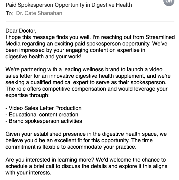 drcateshanahan's tweet image. Just got offered $$$ to say a gut health supplement works. I said no. But some doctor will say yes—and you’ll see it marketed as “doctor recommended.” Most won’t help like real food will. The supplement industry is full of paid pitches. You deserve better.