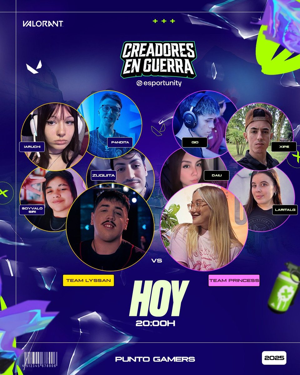 PUNTO GAMERS (@puntogamers_) on Twitter photo ¡DÍA 2!
Es el turno de ellos, esta noche van por todo 🚀🍀
🟡 <a href="/lyssan_m/">Lyssan</a> <a href="/iaaruchi/">iaruchi</a> <a href="/soyvalosiri/">soyvalosiri</a> <a href="/ZugaValorant/">Zuguita</a> <a href="/Pand4_gg/">Christian Zander</a>
🟣 @princesskenobi_ <a href="/LaraLuciaGarcia/">LaritaLG</a> <a href="/xipeVAL/">xipE_</a> <a href="/giooomz/">gioo</a> <a href="/daiumills/">Daiu Mills</a>
⏰ 20:00H
📺 Twitch.tv/puntogamers_ ¡DÍA 2!
Es el turno de ellos, esta noche van por todo 🚀🍀
🟡 <a href="/lyssan_m/">Lyssan</a> <a href="/iaaruchi/">iaruchi</a> <a href="/soyvalosiri/">soyvalosiri</a> <a href="/ZugaValorant/">Zuguita</a> <a href="/Pand4_gg/">Christian Zander</a>
🟣 @princesskenobi_ <a href="/LaraLuciaGarcia/">LaritaLG</a> <a href="/xipeVAL/">xipE_</a> <a href="/giooomz/">gioo</a> <a href="/daiumills/">Daiu Mills</a>
⏰ 20:00H
📺 Twitch.tv/puntogamers_
