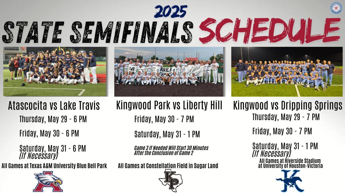Humble ISD (@humbleisd) on Twitter photo ⚾️ Play Ball!! ⚾️
3⃣ Humble ISD baseball programs are in the UIL State Semifinals!! Series begin tomorrow for <a href="/AHS_6aBaseball/">Atascocita Baseball</a>, <a href="/KPARKBaseball1/">PARK Baseball ⚾️</a> and <a href="/KWoodBaseball/">Kingwood Baseball</a>.
Series info below 👇 | Ticket Info visit humbleisd.net/athletics
The Road to Round Rock continues!! ⚾️ Play Ball!! ⚾️
3⃣ Humble ISD baseball programs are in the UIL State Semifinals!! Series begin tomorrow for <a href="/AHS_6aBaseball/">Atascocita Baseball</a>, <a href="/KPARKBaseball1/">PARK Baseball ⚾️</a> and <a href="/KWoodBaseball/">Kingwood Baseball</a>.
Series info below 👇 | Ticket Info visit humbleisd.net/athletics
The Road to Round Rock continues!!