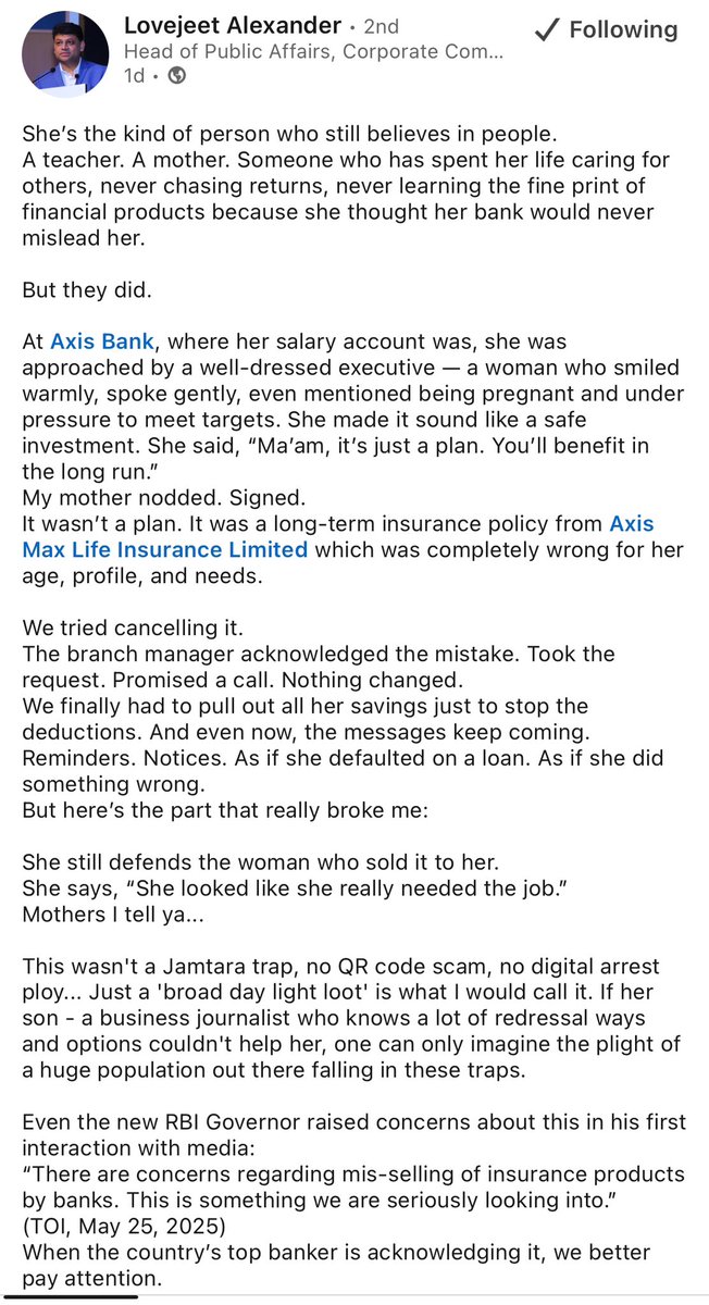 Insurance or trap?
Bankers across India are mis-selling insurance—pushing policies to customers under the guise of fixed deposits or loans. Elderly &amp; unaware customers are worst hit.
It’s time <a href="/RBI/">ReserveBankOfIndia</a> and @IRDAI_News act decisively. <a href="/PMOIndia/">PMO India</a> 
#MisSelling #BankFraud #InsuranceScam
