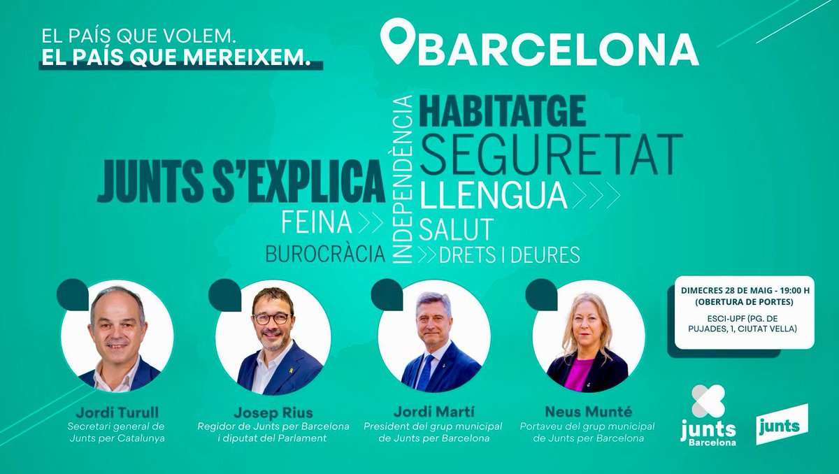 Junts per Barcelona (@junts_bcn) on Twitter photo ☝️ Avui fa dos anys, vam guanyar les eleccions.
📢 Aquest vespre, a les 19:30h, <a href="/JuntsXCat/">Junts per Catalunya🎗</a> s’explica a #Barcelona.
Amb <a href="/jorditurull/">Jordi Turull i Negre</a>, <a href="/josep_rius/">Josep Rius</a>, <a href="/jmartigalbis/">Jordi Martí Galbis</a> i <a href="/neusmunte/">Neus Munté 🎗</a>.
🔗 Segueix-nos en directe!
bit.ly/junts-explica ☝️ Avui fa dos anys, vam guanyar les eleccions.
📢 Aquest vespre, a les 19:30h, <a href="/JuntsXCat/">Junts per Catalunya🎗</a> s’explica a #Barcelona.
Amb <a href="/jorditurull/">Jordi Turull i Negre</a>, <a href="/josep_rius/">Josep Rius</a>, <a href="/jmartigalbis/">Jordi Martí Galbis</a> i <a href="/neusmunte/">Neus Munté 🎗</a>.
🔗 Segueix-nos en directe!
bit.ly/junts-explica